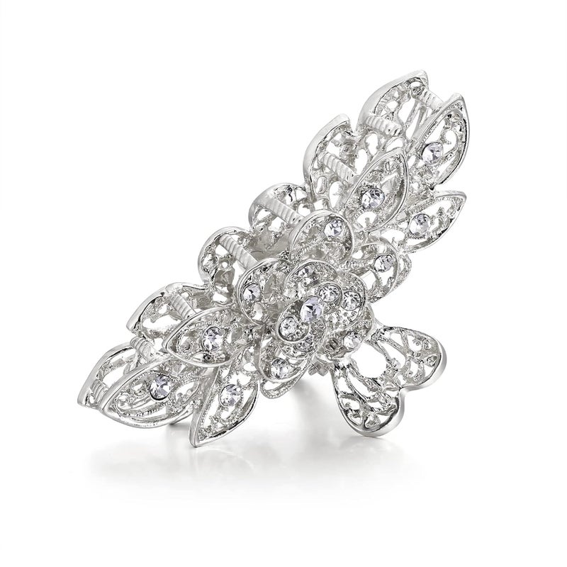 EVER FAITH إيفر فيث مشابك شعر فاخرة من كريستال النمسا الزهور القديمة ورقة بارتيه إكسسوارات مشبك للنساء لون فضي شفاف