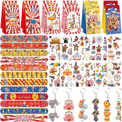 LSJDEER Circus Party Favor Bags 12 Slap Bracelets 12 Carnival Party Bags 12 Tattoo Stickers 12 Carnival Keychains for Circus Themed Birthday Party Supplies - Image 1