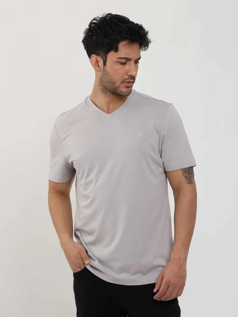 Dufy Gray Melange Men's Slim Fit Plain V-Neck Tshirt - 105648