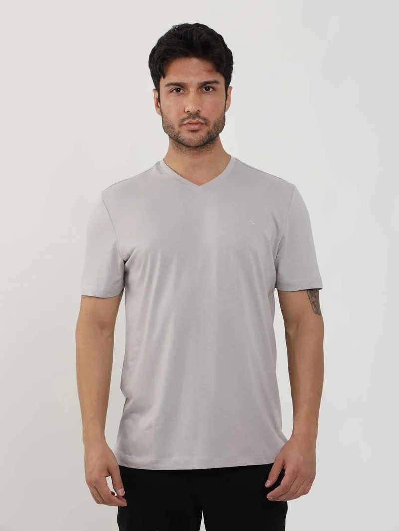 Dufy Gray Melange Men's Slim Fit Plain V-Neck Tshirt - 105648