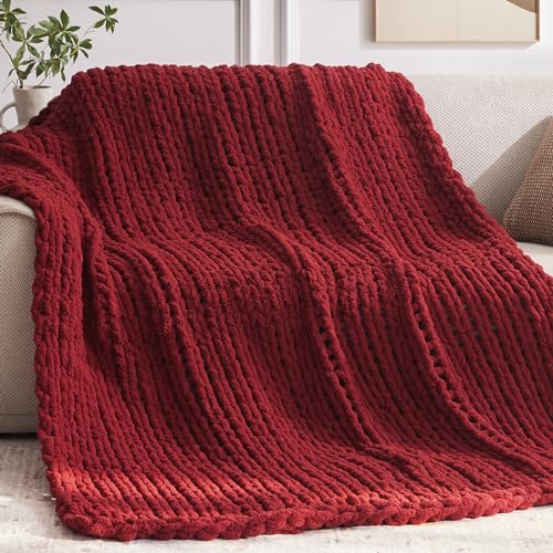 Negwoo Chunky Knit Throw Blanket, 40''*50'' Knitted Throw Chenille Yarn for Bed Couch, Handmade Red Crochet Big Thick Blanket, Machine Washable Cute Comfy Blanket for Home Decor - Image 1