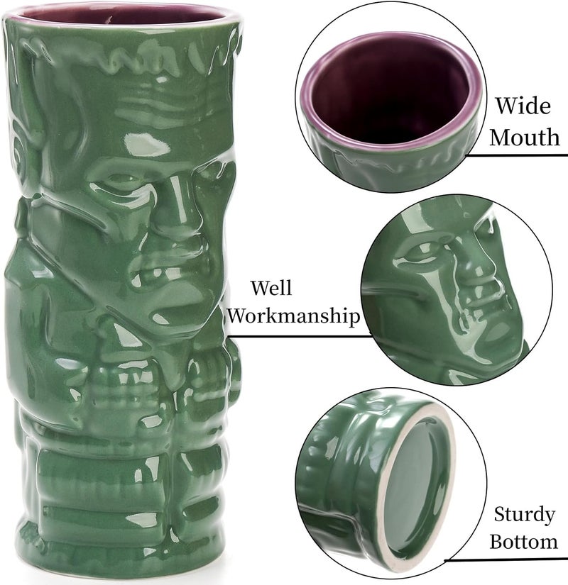 Lyellfe Set of 4 Ceramic Tiki Glasses 16 Oz Large Tiki Cups for Cocktails Halloween Vintage Hawaiian Party Drinking Mugs Barware Set Decor for Whiskey Rum Vodka - Image 3