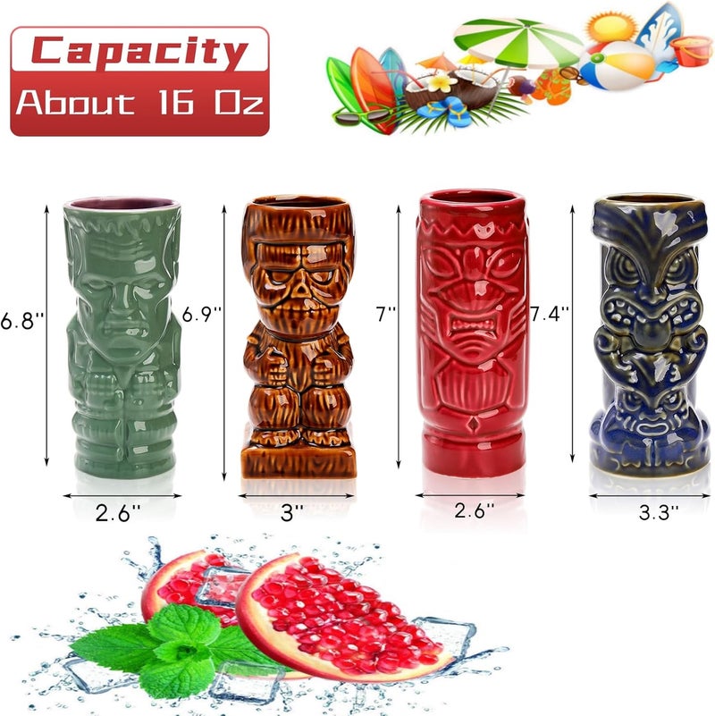 Lyellfe Set of 4 Ceramic Tiki Glasses 16 Oz Large Tiki Cups for Cocktails Halloween Vintage Hawaiian Party Drinking Mugs Barware Set Decor for Whiskey Rum Vodka - Image 2