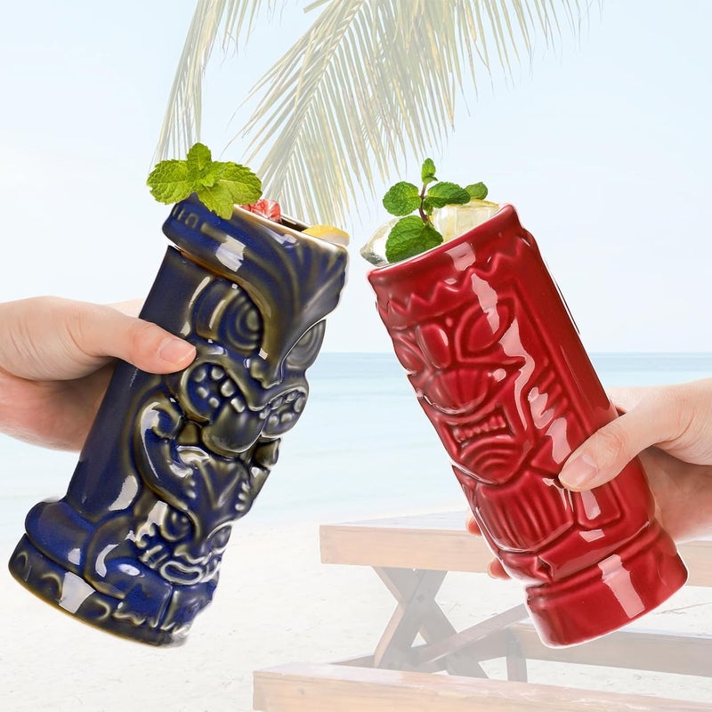 Lyellfe Set of 4 Ceramic Tiki Glasses 16 Oz Large Tiki Cups for Cocktails Halloween Vintage Hawaiian Party Drinking Mugs Barware Set Decor for Whiskey Rum Vodka - Image 4