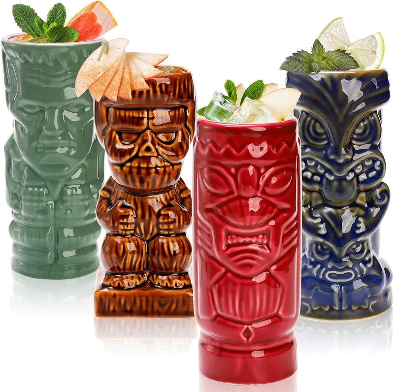 Lyellfe Set of 4 Ceramic Tiki Glasses 16 Oz Large Tiki Cups for Cocktails Halloween Vintage Hawaiian Party Drinking Mugs Barware Set Decor for Whiskey Rum Vodka - Image 1
