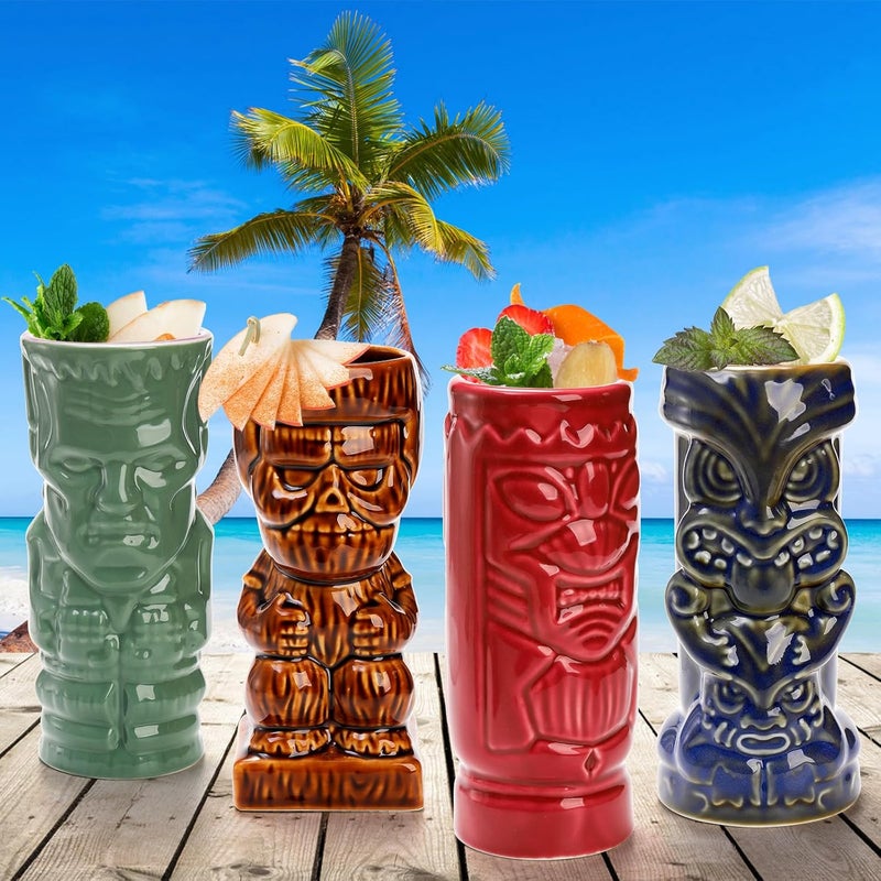 Lyellfe Set of 4 Ceramic Tiki Glasses 16 Oz Large Tiki Cups for Cocktails Halloween Vintage Hawaiian Party Drinking Mugs Barware Set Decor for Whiskey Rum Vodka - Image 5