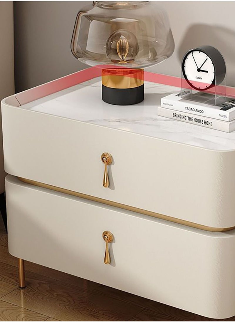 Merry Moments - Modern Bedside Table Minimalist Nightsatnds Multifunction Nightstand for Bedroom Living Room 2 Drawers Beige Colour Faux-Leather Covered H50xL40xD40 cm（Assembly Required for Legs Only) - Image 1