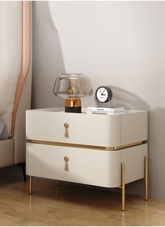Modern Bedside Table Minimalist Nightsatnds Multifunction Nightstand for Bedroom Living Room 2 Drawers Beige Colour Faux-Leather Covered H50xL40xD40 cm（Assembly Required for Legs Only)