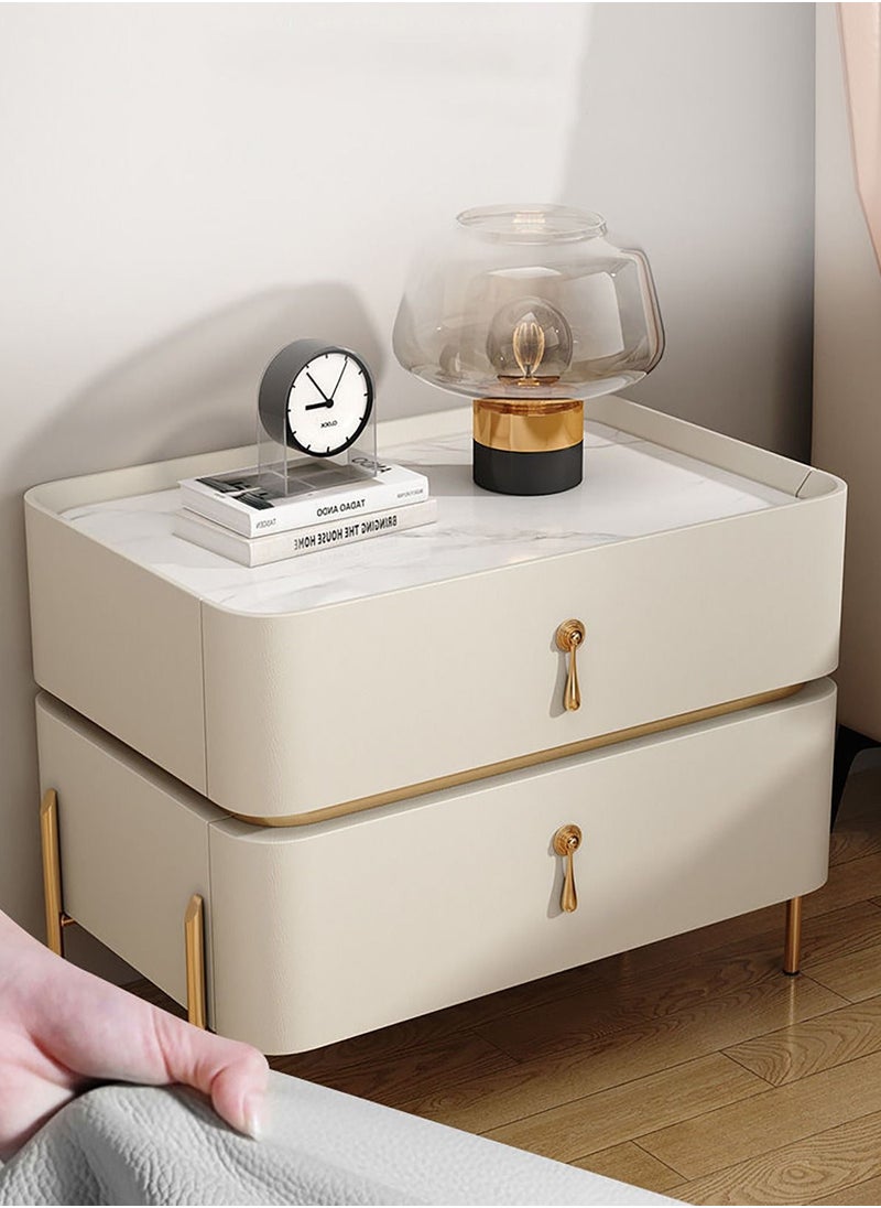 Merry Moments - Modern Bedside Table Minimalist Nightsatnds Multifunction Nightstand for Bedroom Living Room 2 Drawers Beige Colour Faux-Leather Covered H50xL40xD40 cm（Assembly Required for Legs Only) - Image 1