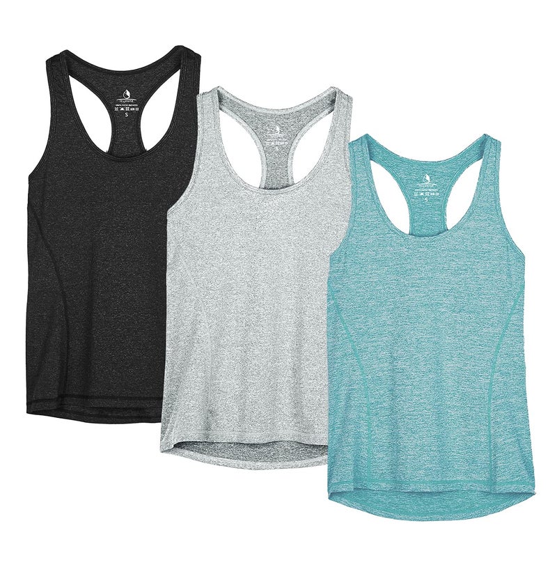 icyzone Workout Tank Tops for Women - Racerback Athletic Yoga Tops, Running Exercise Gym Shirts(Pack of 3)(L, Black/Granite/Green) - Image 1
