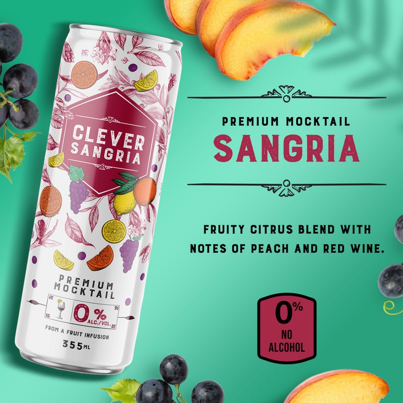 CLEVER - Sangria, Nonalcoholic Mocktails for Any Occasion, Refreshing Beverages with Citrus & Botanical Extracts, Low-Calorie Mocktails Non-alcoholic Drinks with 70 Calories, Pack of 12 (12 oz Ea) - Image 3