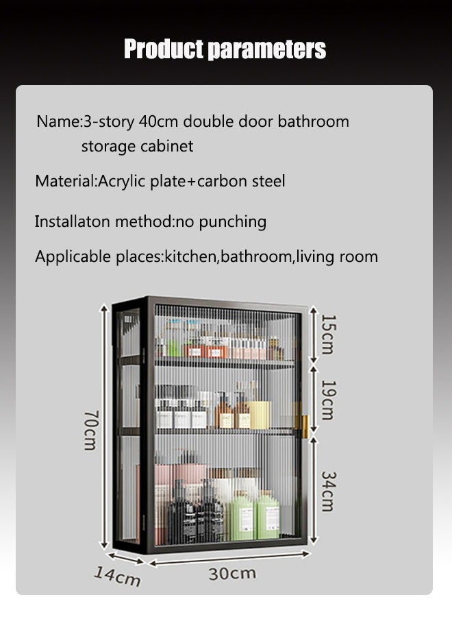 Bathroom Storage Cabinet 3-Tier Bathroom Shelf Wall Mounted Storage Cabinet Kitchen Storage Shelves No-Punch Wall Mounted with Door Dustproof Storage Organiser （Single Door 30cm） - Image 2
