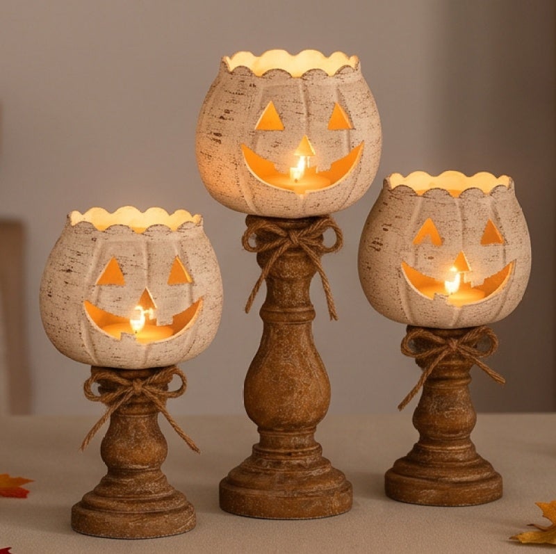Rustic Pumpkin Tealight Holder Tiered Set of 3 - Distressed White Farmhouse Fall Centerpiece for Halloween Thanksgiving Table Decor - Image 4