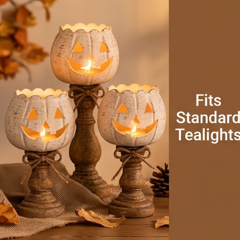 Rustic Pumpkin Tealight Holder Tiered Set of 3 - Distressed White Farmhouse Fall Centerpiece for Halloween Thanksgiving Table Decor - Image 5