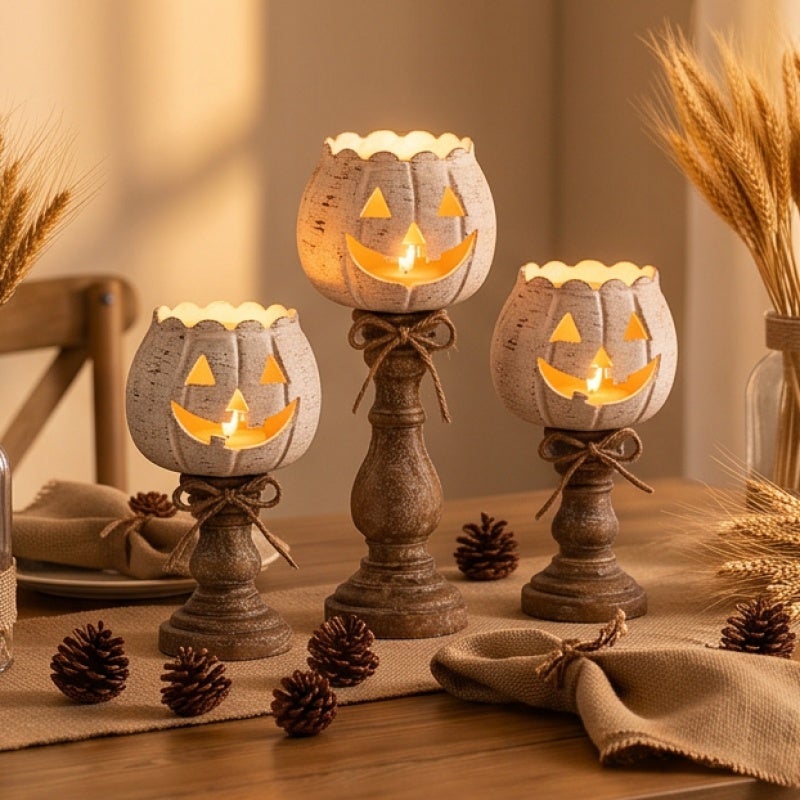 Rustic Pumpkin Tealight Holder Tiered Set of 3 - Distressed White Farmhouse Fall Centerpiece for Halloween Thanksgiving Table Decor - Image 3