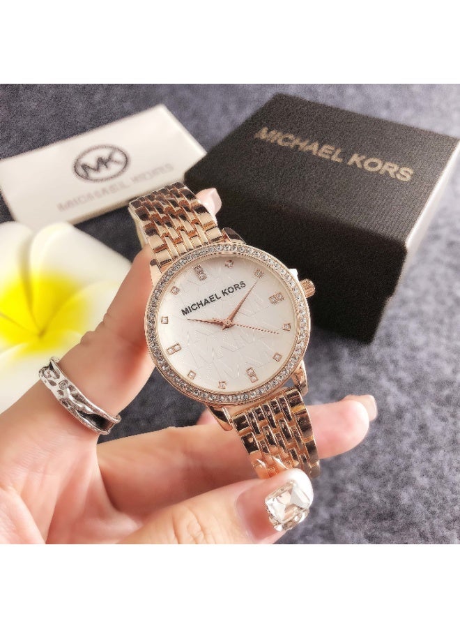 ام كي Michael Kors Women's Watch with Rose Gold - Tone Stainless Steel Bracelet and Crystal - Adorned White Dial