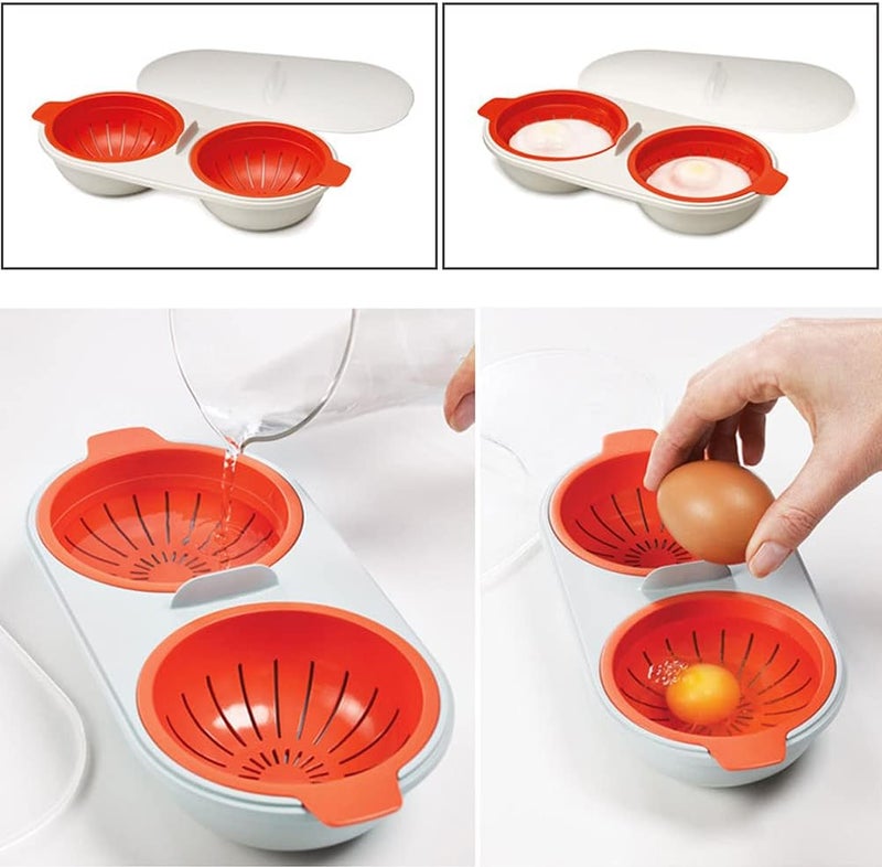 klarako 1pcs Microwave Eggs Poacher Food Grade Double Cup Egg Boiler Poacher Poached Egg Gadget Nonklarako stick Fast Egg Steamer Cooking Mold with Lid for Poached Egg Breakfast Kitchen Microwave Use - Image 3