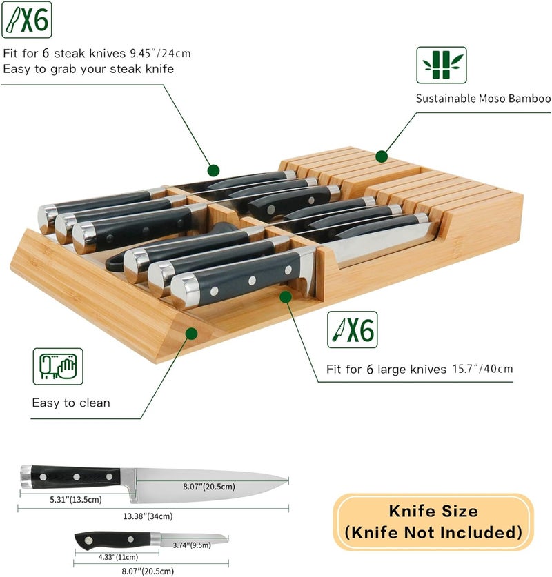 Utoplike in-Drawer Knife Block Bamboo Kitchen Knife Drawer Organiser, Handle Steak Knife Holder(Without Knives),12 Knives Holder - Image 3