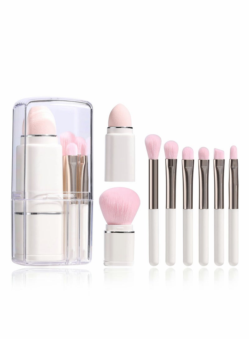 KASTWAVE Makeup Brush, 8 in 1 Travel Small Brush Portable Lip Eyeshadow Beauty Sponge, Concealer Brushes, Foundation Blending Powder Brushes Retractable Sets, White - Image 1