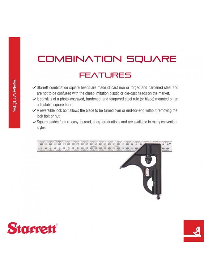 Starrett Steel Combination Square with Square Head - Ideal for Professionals and Home Improvement - 300mm, Cast Iron Heads, Reversible Lock Bolt, Spirit Level - 11MH-300 - Image 1