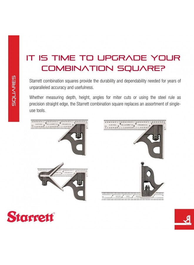 Starrett Steel Combination Square with Square Head - Ideal for Professionals and Home Improvement - 300mm, Cast Iron Heads, Reversible Lock Bolt, Spirit Level - 11MH-300 - Image 2