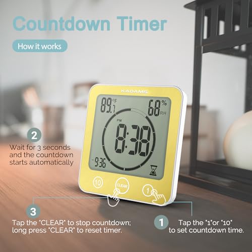 KADAMS Shower Clock Waterproof Bathroom Timer – Digital Wall Clock with Countdown, Magnetic Kitchen Clock with Temperature & Humidity, Suction Cup for Kids Shower Spa Sauna Cook Bath (Yellow) - Image 5