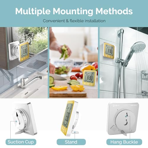 KADAMS Shower Clock Waterproof Bathroom Timer – Digital Wall Clock with Countdown, Magnetic Kitchen Clock with Temperature & Humidity, Suction Cup for Kids Shower Spa Sauna Cook Bath (Yellow) - Image 2