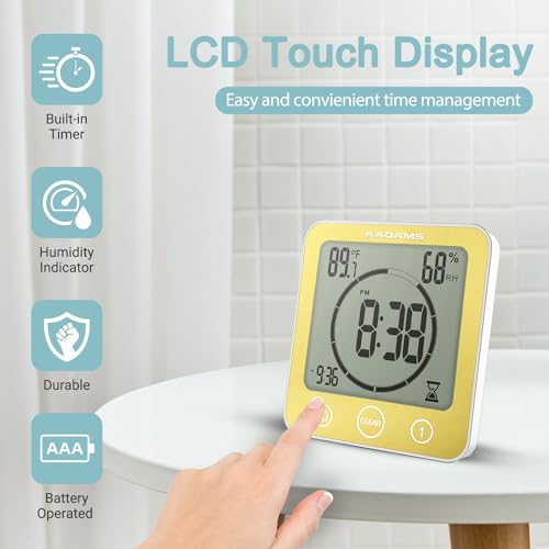 KADAMS Shower Clock Waterproof Bathroom Timer – Digital Wall Clock with Countdown, Magnetic Kitchen Clock with Temperature & Humidity, Suction Cup for Kids Shower Spa Sauna Cook Bath (Yellow) - Image 4