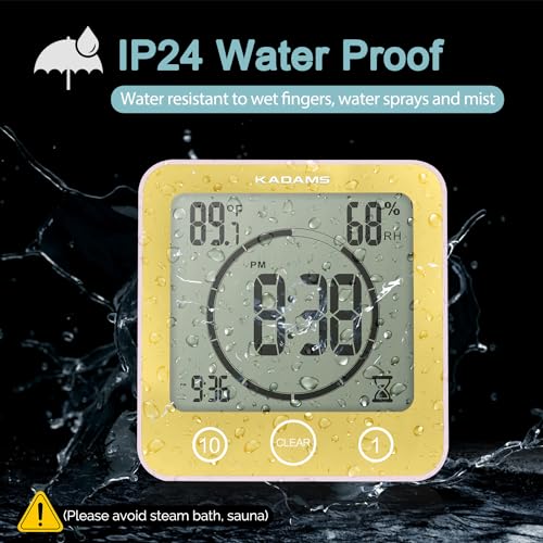KADAMS Shower Clock Waterproof Bathroom Timer – Digital Wall Clock with Countdown, Magnetic Kitchen Clock with Temperature & Humidity, Suction Cup for Kids Shower Spa Sauna Cook Bath (Yellow) - Image 3
