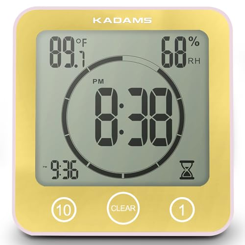 KADAMS Shower Clock Waterproof Bathroom Timer – Digital Wall Clock with Countdown, Magnetic Kitchen Clock with Temperature & Humidity, Suction Cup for Kids Shower Spa Sauna Cook Bath (Yellow) - Image 1