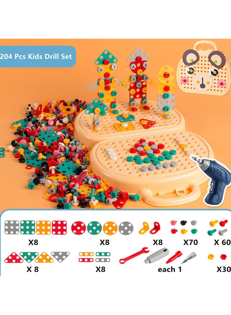 مجموعة لعبة الحفر للأطفال، 204 جهاز كمبيوتر شخصي مجموعة لعبة الحفر للأطفال لعبة التعلم الجذعية للفتيان البالغين من العمر 4-8 سنوات، ألعاب كتلة البناء الهندسة الإنشائية مع مجموعة أدوات السائق المسمار للعبة (جرو أصفر) - Image 2
