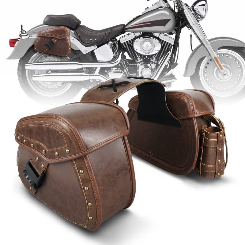 NICECNC Motorcycle Saddle Bags PU leather Motorcycle Saddlebags Reinforced Straps  Saddle Piece with Cup Holder  Lock Throw Over Saddle Bags Side Bags Universal Motorcycle Accessories BROWN