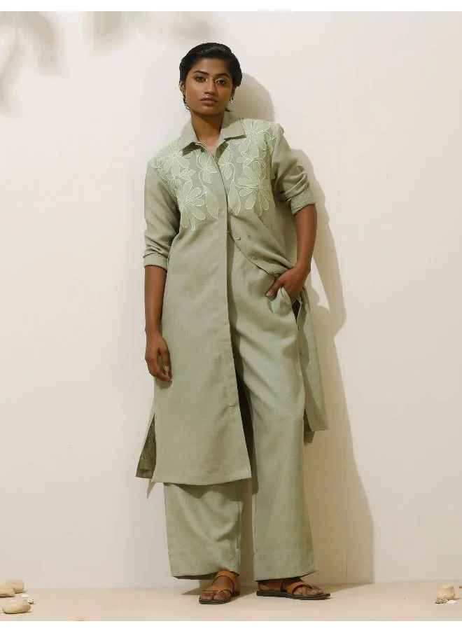 trueBrowns trueBrowns Clover Green Embroidered Natural Cotton Kurta Pant Set