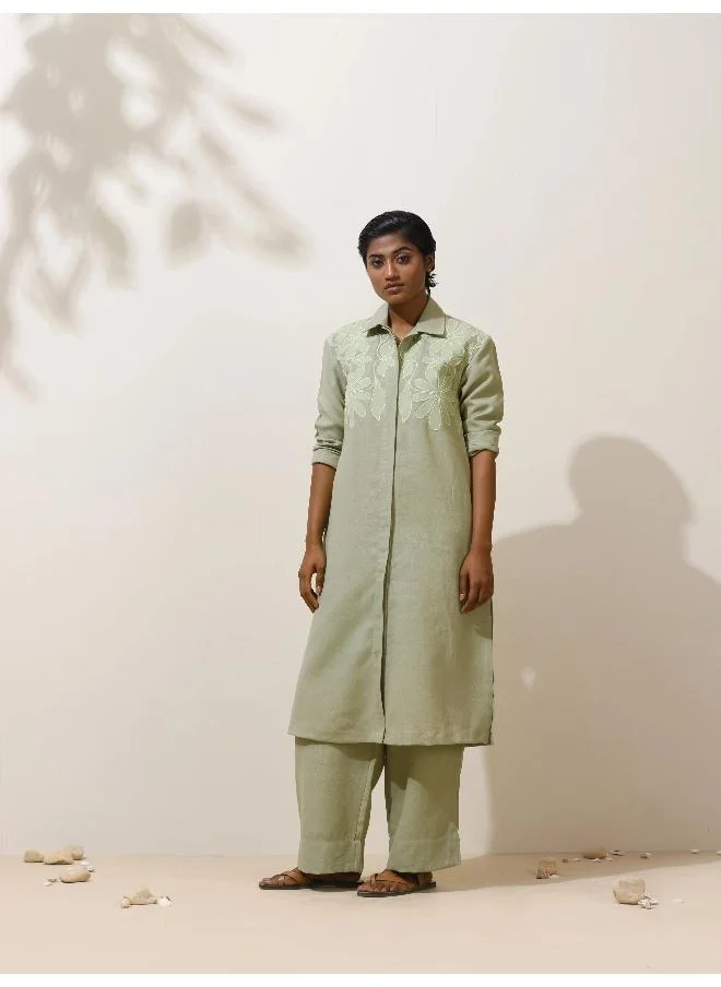 trueBrowns trueBrowns Clover Green Embroidered Natural Cotton Kurta Pant Set