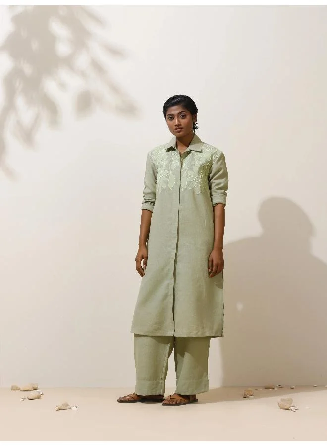ترو برونز trueBrowns Clover Green Embroidered Natural Cotton Kurta Pant Set