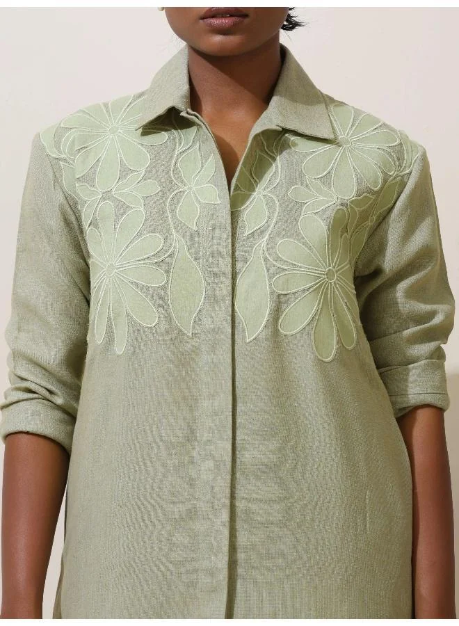 ترو برونز trueBrowns Clover Green Embroidered Natural Cotton Kurta Pant Set