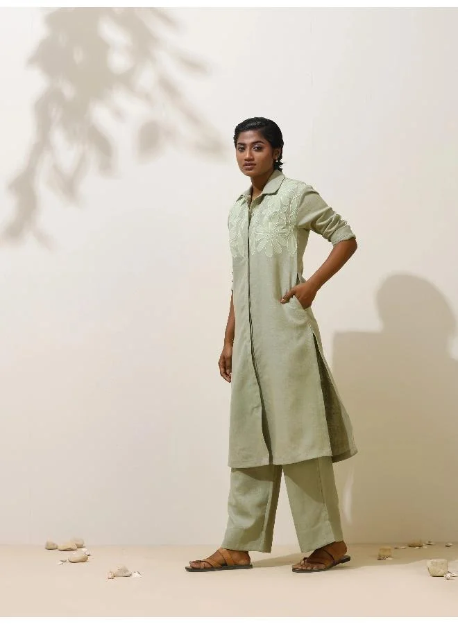 ترو برونز trueBrowns Clover Green Embroidered Natural Cotton Kurta Pant Set