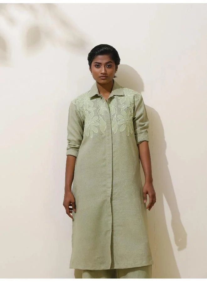 ترو برونز trueBrowns Clover Green Embroidered Natural Cotton Kurta Pant Set