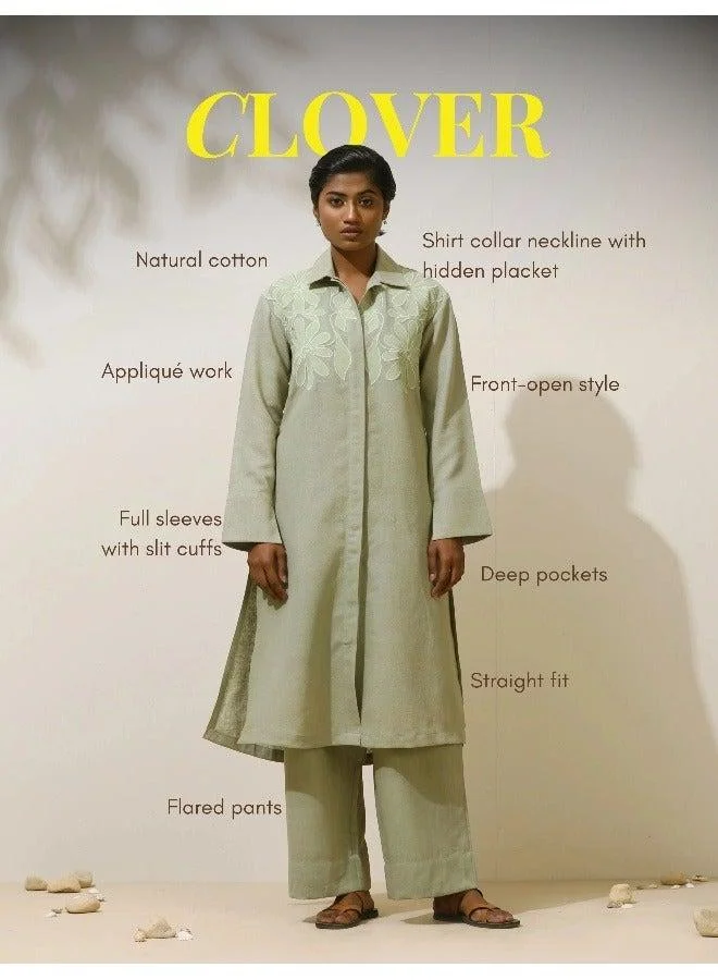 trueBrowns trueBrowns Clover Green Embroidered Natural Cotton Kurta Pant Set