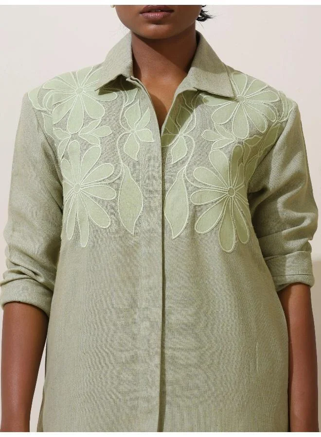 trueBrowns trueBrowns Clover Green Embroidered Natural Cotton Kurta Pant Set