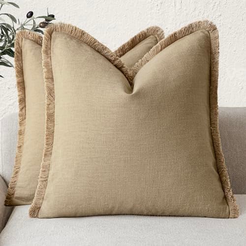 Foindtower Set of 2 Decorative Linen Fringe Throw Pillow Covers Farmhouse Cushion Cover with Tassels Soft Accent Pillowcase for Couch Chair Sofa Bed Living Room Home Decor1616 InchLight Khaki Taupe - Image 1