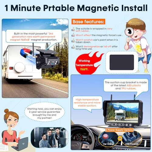 pemacom Magnetic Solar Wireless Backup Camera: 7" Portable 1 Min Easy Install Scratch-Proof No Delay Backup Camera for Truck Rechargeable HD 1080P for Trailer Small RV Camper Pemacom P15 - Image 2