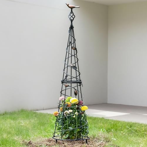 GOOOXIM Garden Obelisk 40.5 Inch Metal Trellis for Climbing Plants - Sturdy Support for Rose Bushes & Tall Vines, Featuring Decorative Bird and Leaf Elements, Perfect for Garden Decor - Image 1