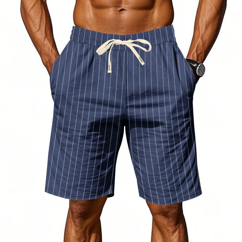 American Linen Shorts Men'S Loose Beach Breathable Striped Jacquard Lace-Up Five-Point Men'S Casual Shorts Summer - Image 1