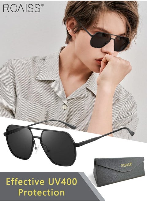 Men's Polarized Sunglasses Black Gray Polygon Lens UV400 Aluminum-Magnesium Alloy Arms for Driving Traveling Hunting with Case 58mm (Black)