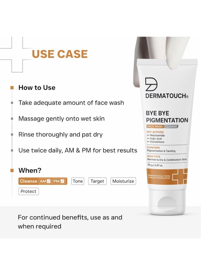 DERMATOUCH Bye Bye Pigmentation Face Wash | Niacinamide, Kojic Acid & Glutathione | For Tan and Anti-Pigmentation | Dermatologist Tested | For Men & Women | 70g - Image 3