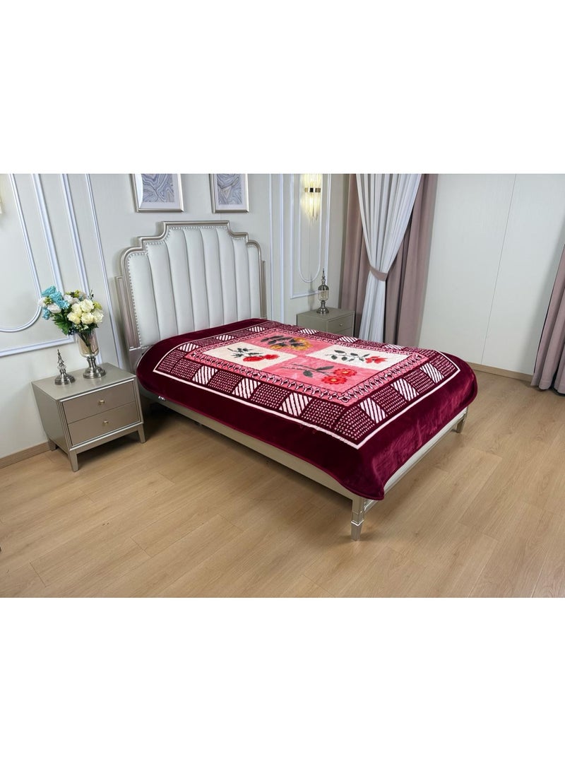 A heavy, velvety winter blanket for a double bed (4 kg), featuring classic, raised laser-etched patterns and distinctive modern motifs, with a soft texture.