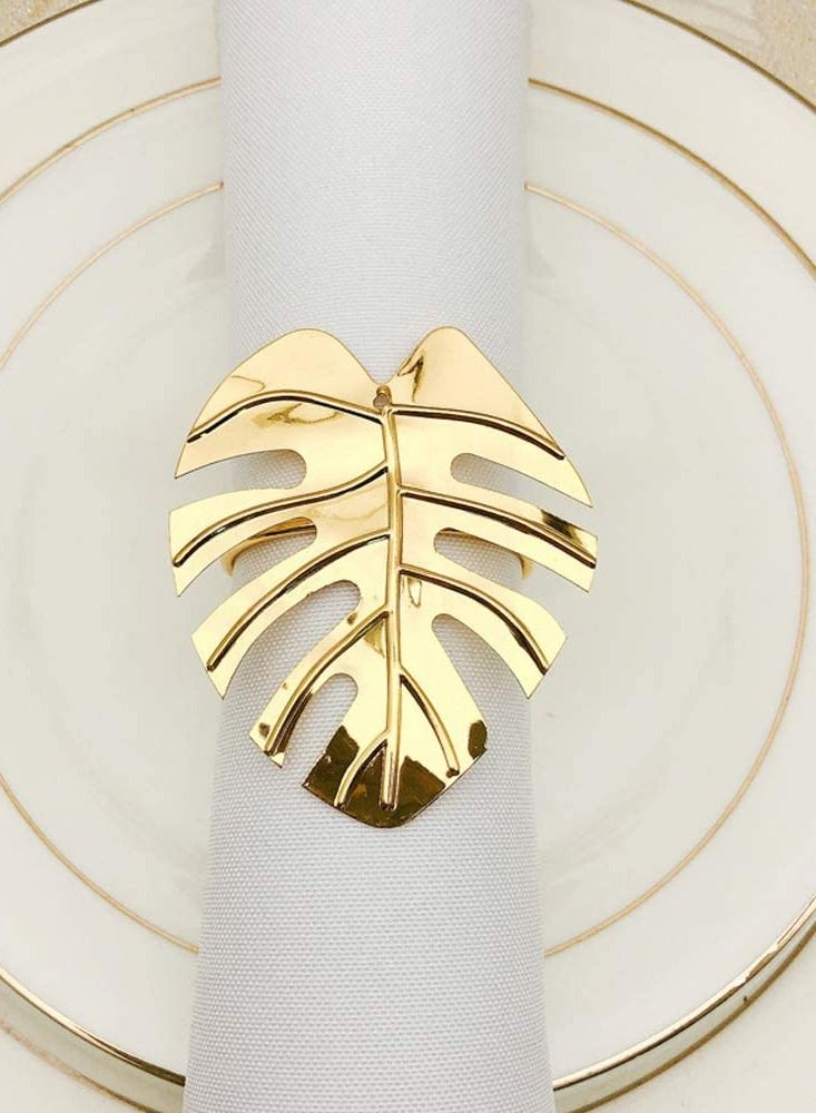 RARELY Set of 6 Gold Leaf Napkin Rings Buckle Hollow Cut Metal Napkin Holder  - Image 2