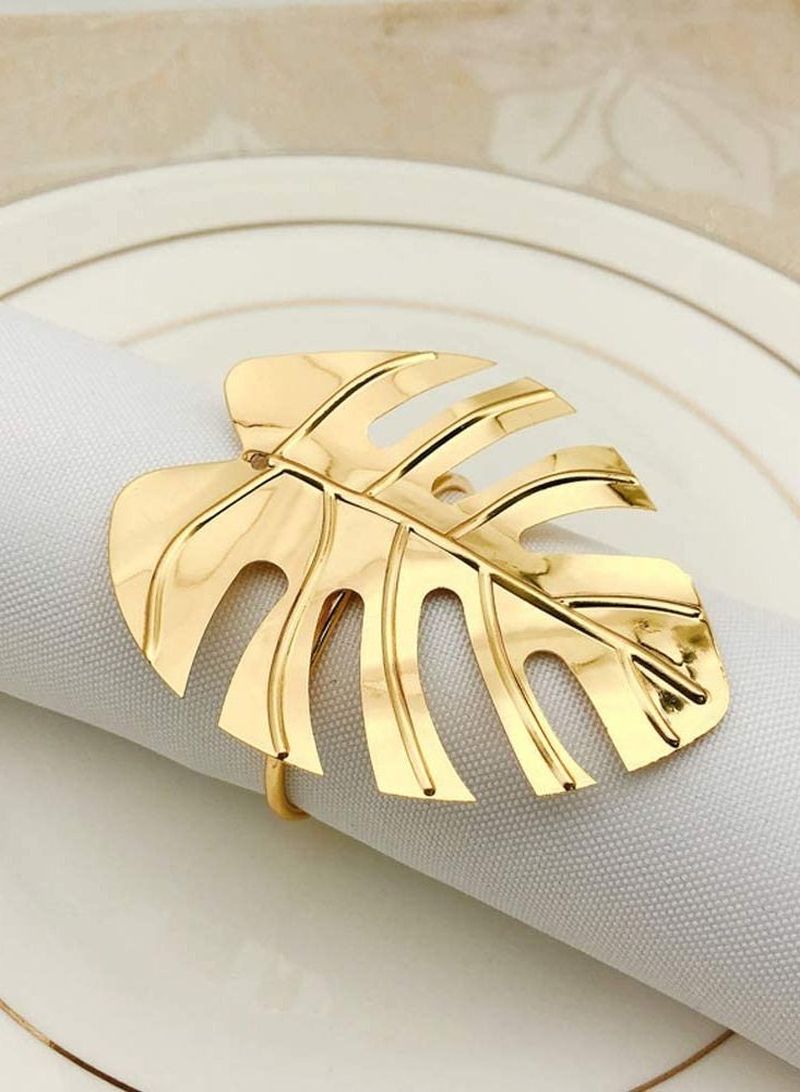 RARELY Set of 6 Gold Leaf Napkin Rings Buckle Hollow Cut Metal Napkin Holder  - Image 1