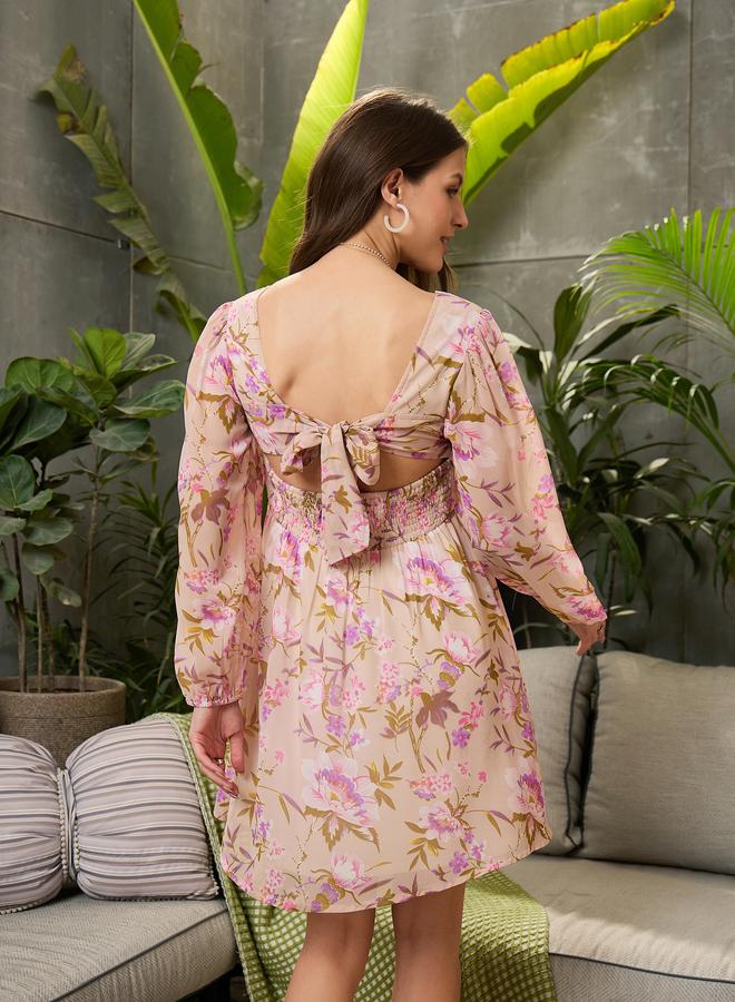 Sassafras Beige Floral Back-Cut Out Mini Dress - Image 5
